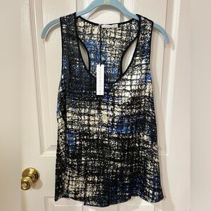NWT Three Eighty Two Textured Black Blue Ivory Razor Back Tank Top -Size S Small